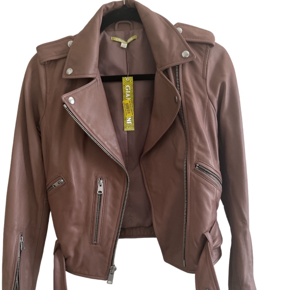 NEW NWT Gianni Bini genuine leather moto jacket Tan Mauve size XS